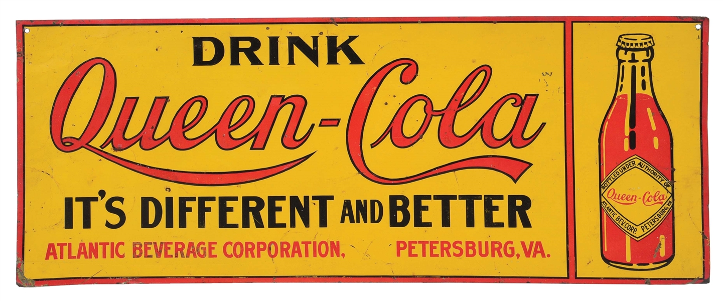 "DRINK QUEEN-COLA" EMBOSSED TIN SIGN W/ BOTTLE GRAPHIC.