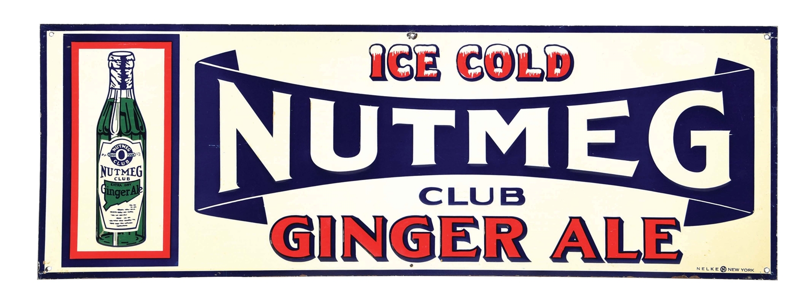 NUTMEG CLUB GINGER ALE EMBOSSED TIN SIGN W/ BOTTLE GRAPHIC.