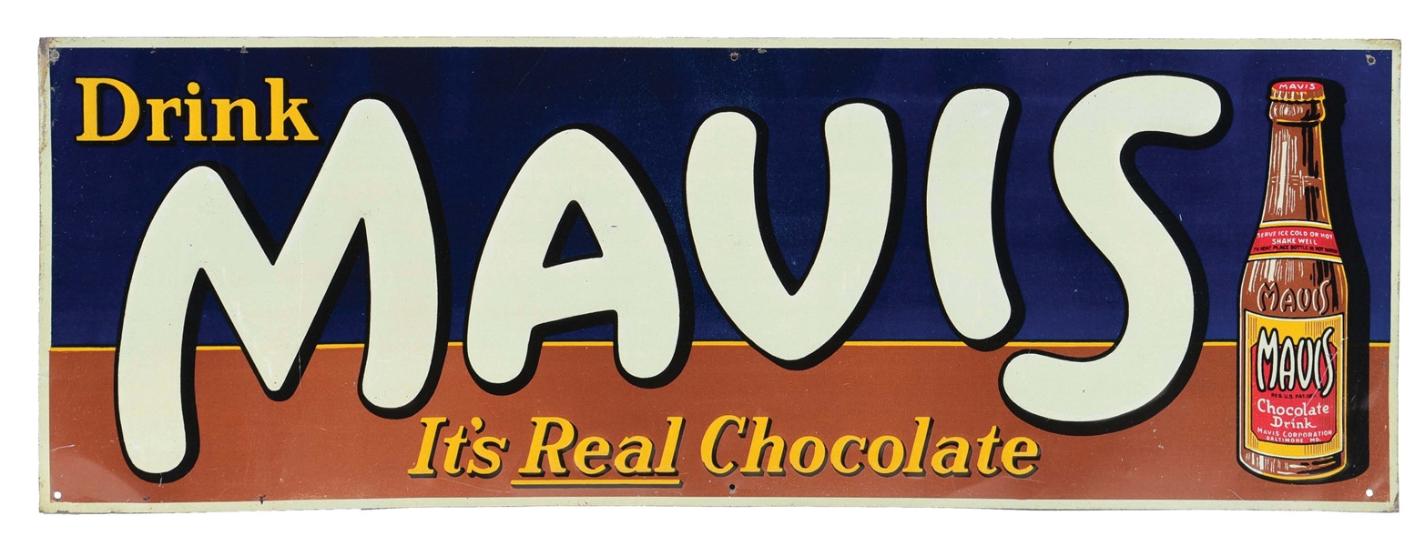 MAVIS CHOCOLATE SODA EMBOSSED TIN SIGN W/ BOTTLE GRAPHIC.