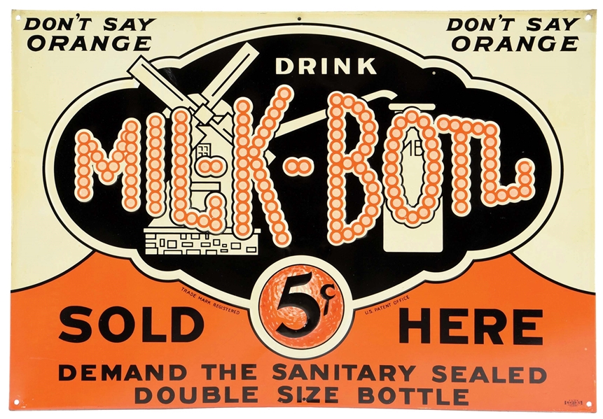 MIL-K-BOTL EMBOSSED TIN SIGN W/ WINDMILL GRAPHIC.