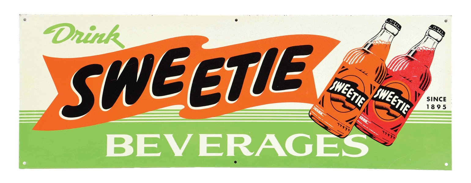 SWEETIE BEVERAGES PAINTED TIN SIGN W/ BOTTLE GRAPHICS.