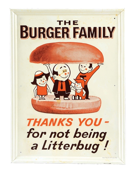 A&W ROOT BEER SELF-FRAMED EMBOSSED TIN SIGN W/ "THE BURGER FAMILY" GRAPHIC.