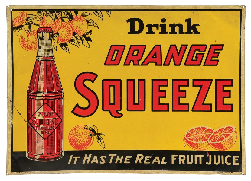 ORANGE SQUEEZE EMBOSSED TIN TACKER SIGN W/ BOTTLE GRAPHIC.