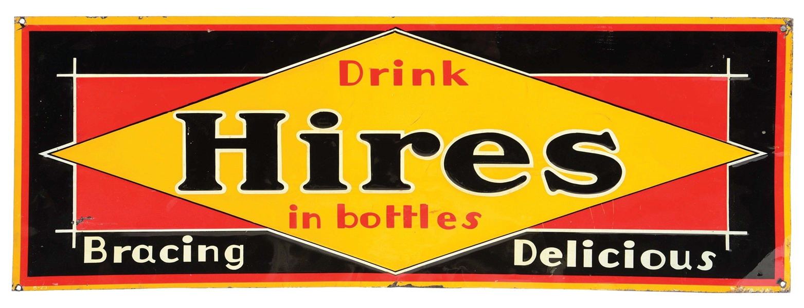 EARLY "DRINK HIRES IN BOTTLES" EMBOSSED TIN TACKER SIGN.