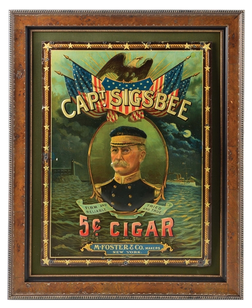 SELF-FRAMED CAPT. SIGSBEE 5¢ CIGAR TIN LITHOGRAPH W/ CAPT. SIGSBEE GRAPHIC.