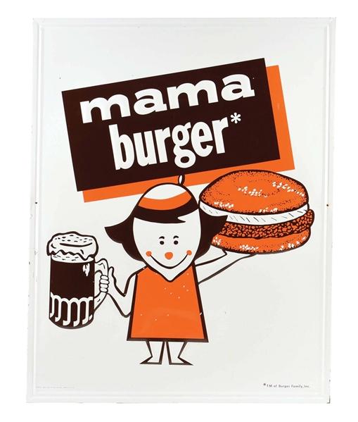 A & W ROOT BEER SELF-FRAMED TIN "MAMA BURGER" SIGN W/ MAMA BURGER GRAPHIC.