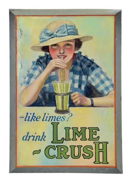 "LIKE LIMES" DRINK LIME-CRUSH TIN OVER CARDBOARD SIGN.