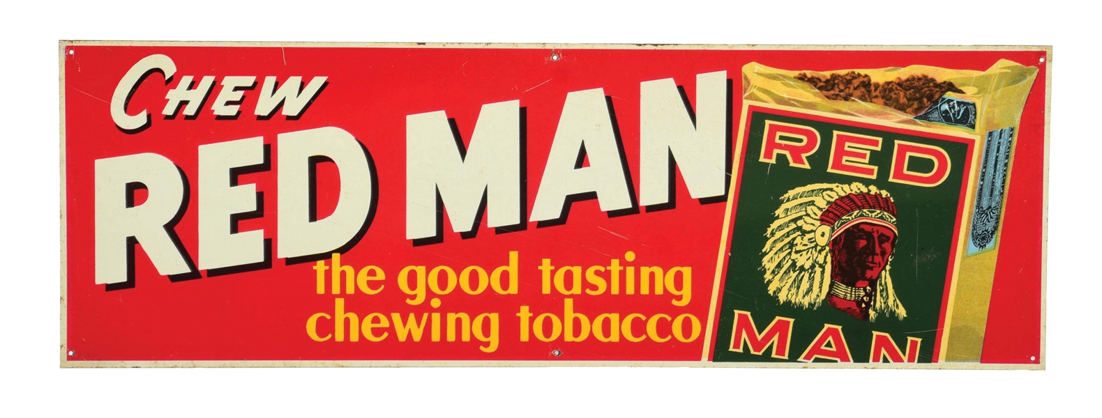 CHEW RED MAN CHEWING TOBACCO SIGN W/ NATIVE AMERICAN GRAPHIC.