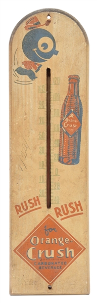 ORANGE CRUSH WOODEN THERMOMETER SIGN W/ CRUSHY & BOTTLE GRAPHIC.