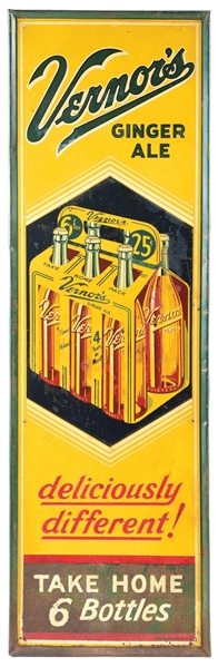EXTREMELY RARE VERNORS GINGER ALE "TAKE HOME 6 BOTTLES" EMBOSSED TIN SIGN W/ 6 PACK GRAPHIC..