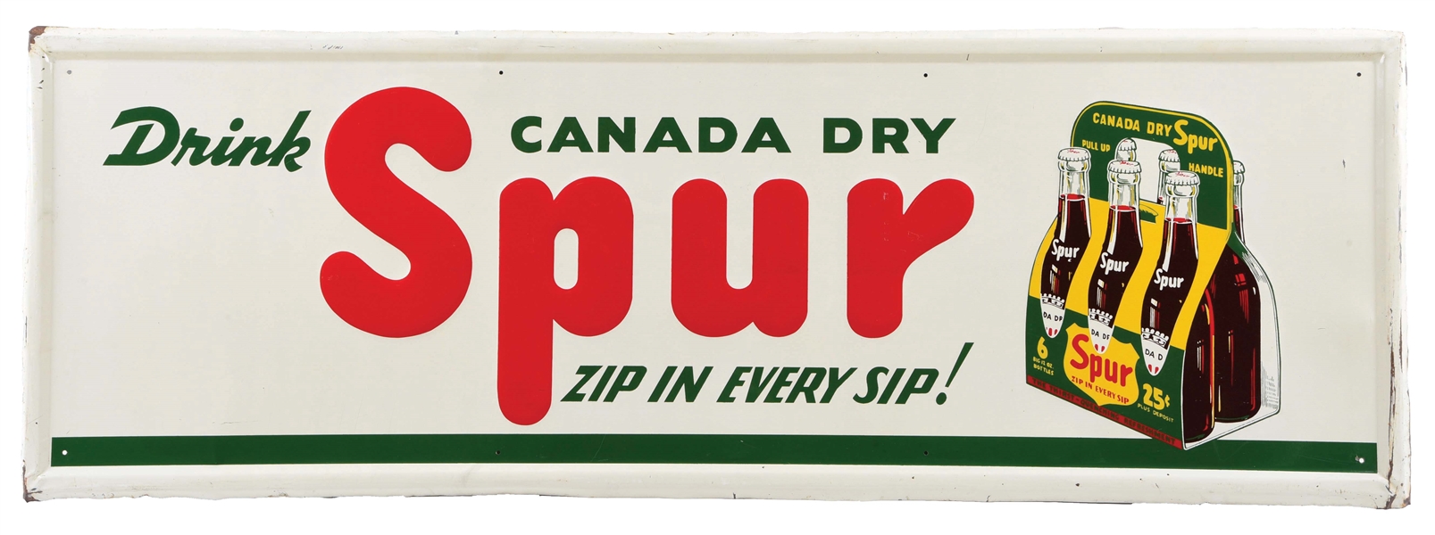 DRINK CANADA DRY SPUR 6-PACK SIGN W/ 6-PACK OF BOTTLES GRAPHIC.