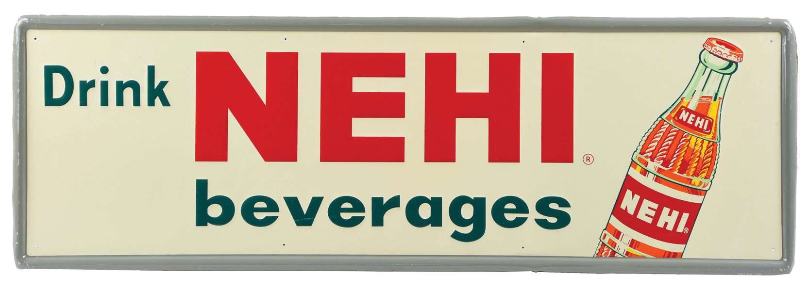 DRINK NEHI BEVERAGES SELF-FRAMED EMBOSSED TIN SIGN.