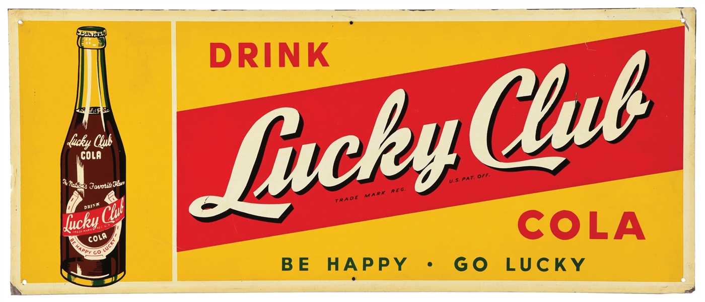 DRINK LUCKY CLUB COLA TIN SIGN W/ HORSESHOE & THOROUGHBRED GRAPHIC