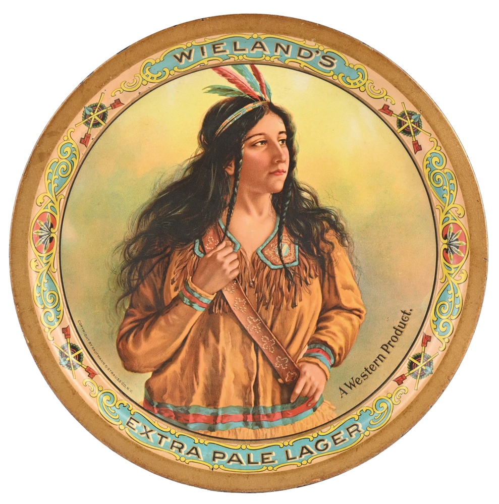 WIELANDS EXTRA PALE LAGER TIN ADVERTISING TRAY W/ NATIVE AMERICAN GRAPHIC.