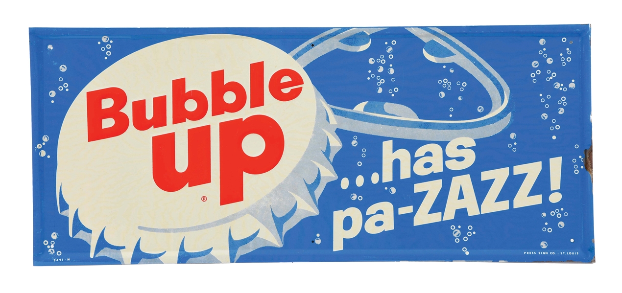 BUBBLE UP SODA SELF-FRAMED EMBOSSED TIN SIGN.