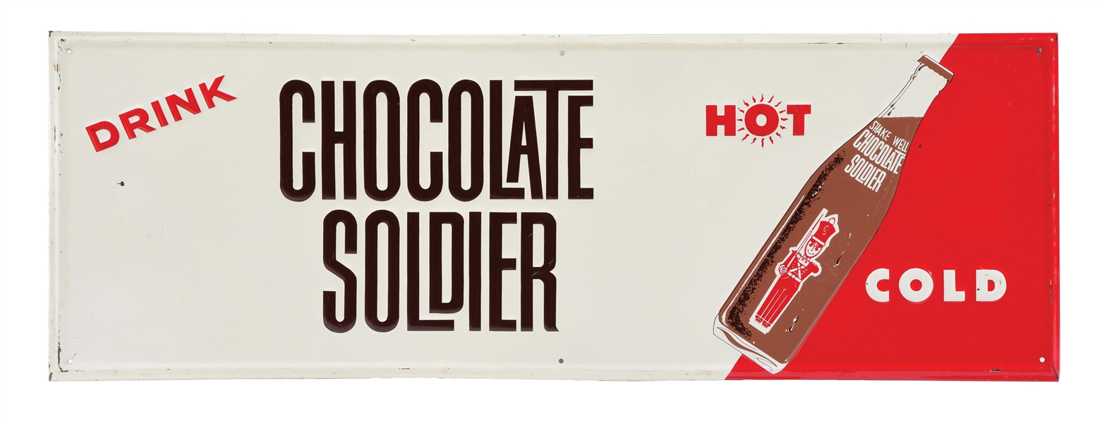 DRINK CHOCOLATE SOLDIER SELF-FRAMED TIN SIGN W/ SOLDIER GRAPHIC.