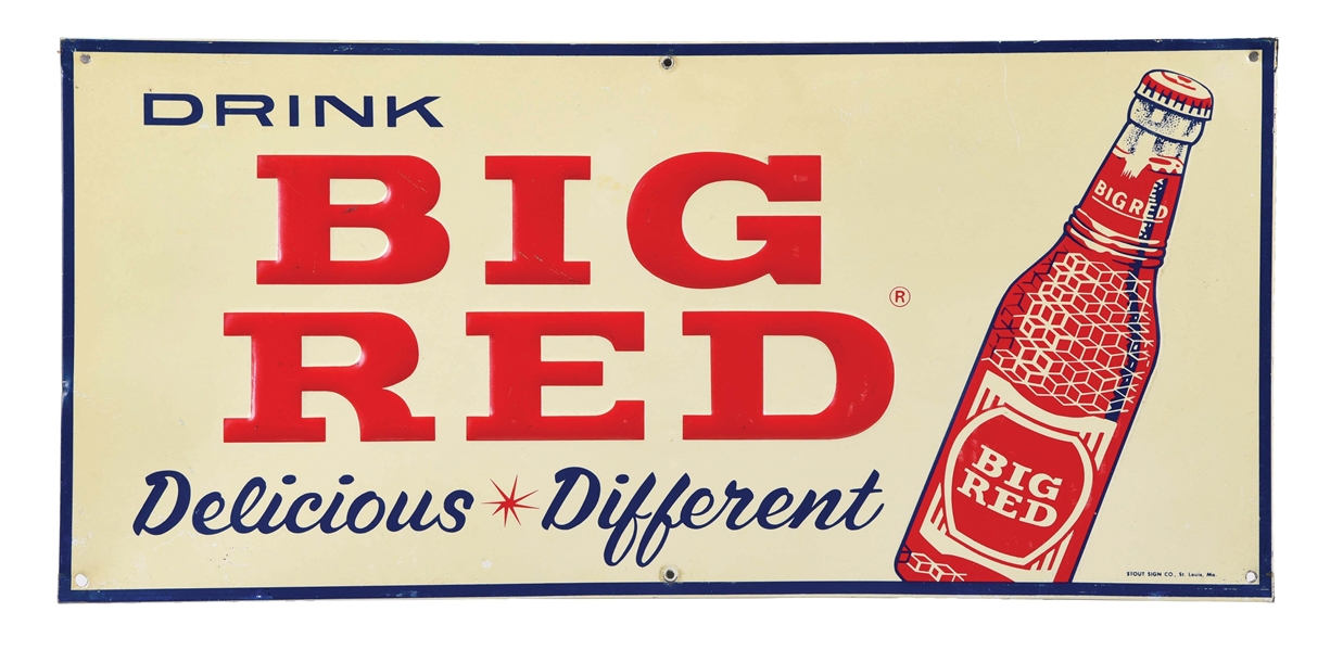 DRINK BIG RED SODA EMBOSSED TIN SIGN W/ BOTTLE GRAPHIC.