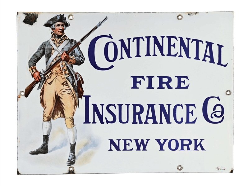 CONTINENTAL FIRE INSURANCE CO. NEW YORK PORCELAIN SIGN W/ MINUTEMAN GRAPHIC.