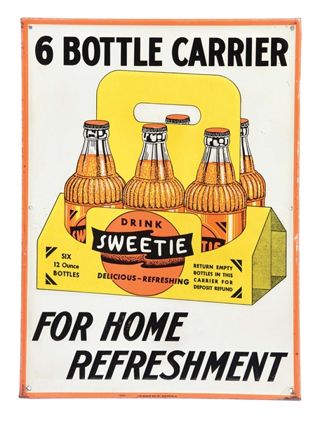 DRINK SWEETIE SODA SELF-FRAMED TIN SIGN W/ 6 PACK GRAPHIC.