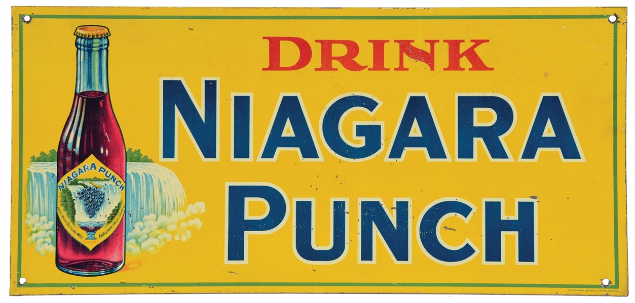DRINK NIAGARA PUNCH PAINTED TIN SIGN W/ NIAGRA FALLS GRAPHIC.