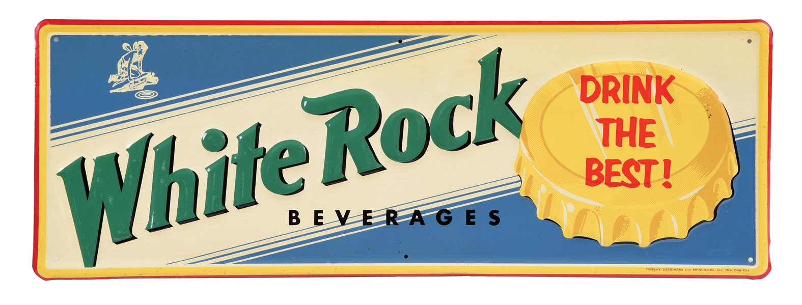 WHITE ROCK BEVERAGES SELF-FRAMED EMBOSSED TIN SIGN W/ FAIRY GRAPHIC.
