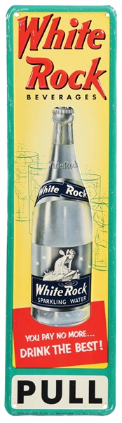 WHITE ROCK BEVERAGES EMBOSSED TIN PULL DOOR SIGN W/ FAIRY GRAPHIC.