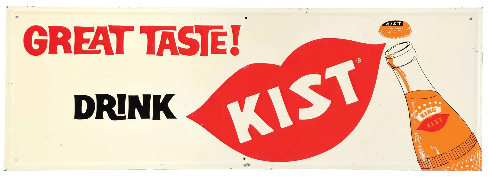 DRINK KIST SELF-FRAMED EMBOSSED TIN SIGN W/ LIPS AND BOTTLE GRAPHIC.