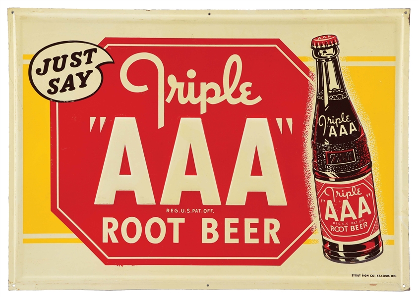 TRIPLE AAA ROOT BEER SELF-FRAMED TIN SIGN W/ BOTTLE GRAPHIC.