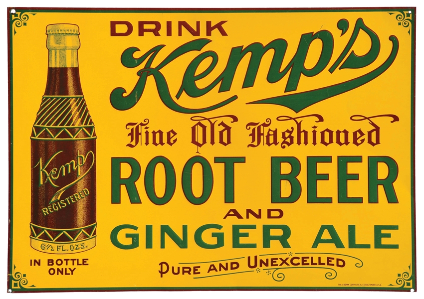 DRINK KEMPS FINE OLD FASHIONED ROOT BEER EMBOSSED TIN SIGN W/ BOTTLE GRAPHIC.