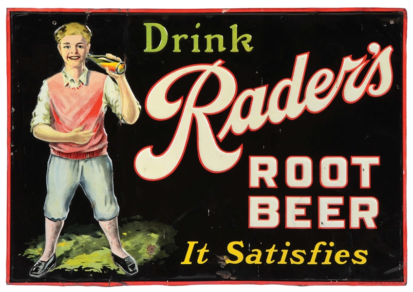 DRINK RADERS ROOT BEER SELF-FRAMED EMBOSSED TIN SIGN.