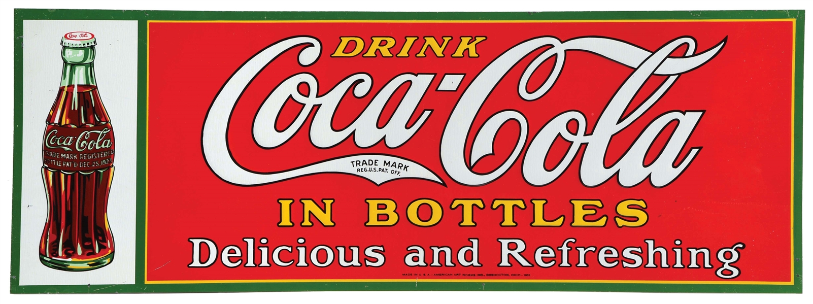 EARLY DRINK COCA-COLA IN BOTTLES EMBOSSED TIN SIGN W/ CHRISTMAS BOTTLE GRAPHIC.