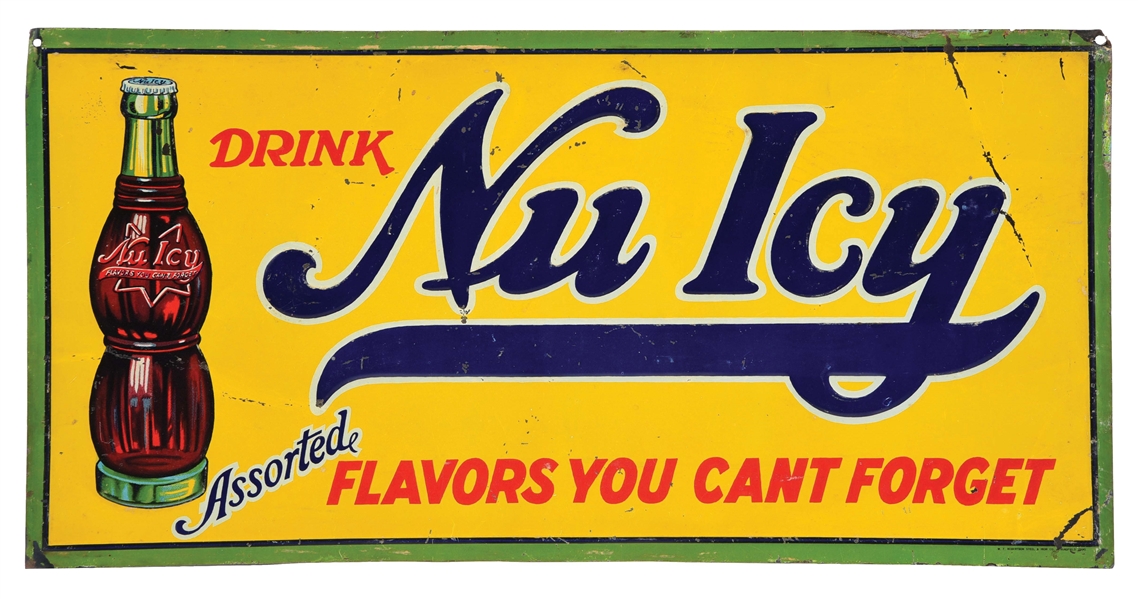 DRINK NU-ICY EMBOSSED TIN SIGN W/ BOTTLE GRAPHIC.