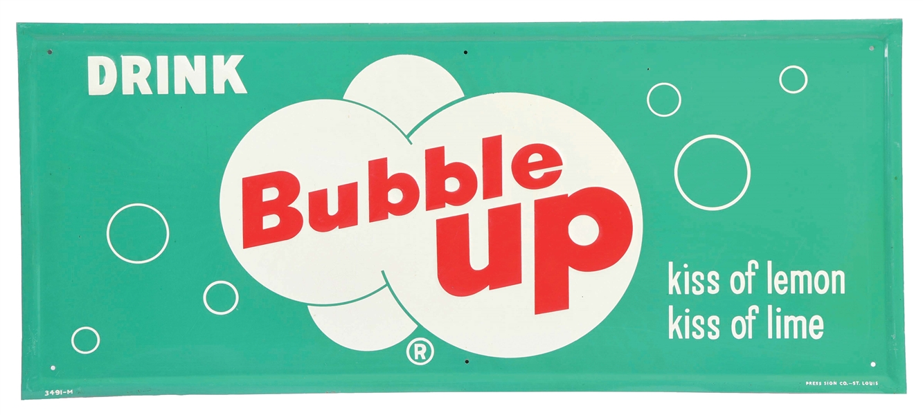 DRINK BUBBLE UP SELF-FRAMED EMBOSSED TIN SIGN W/ BUBBLE GRAPHIC.