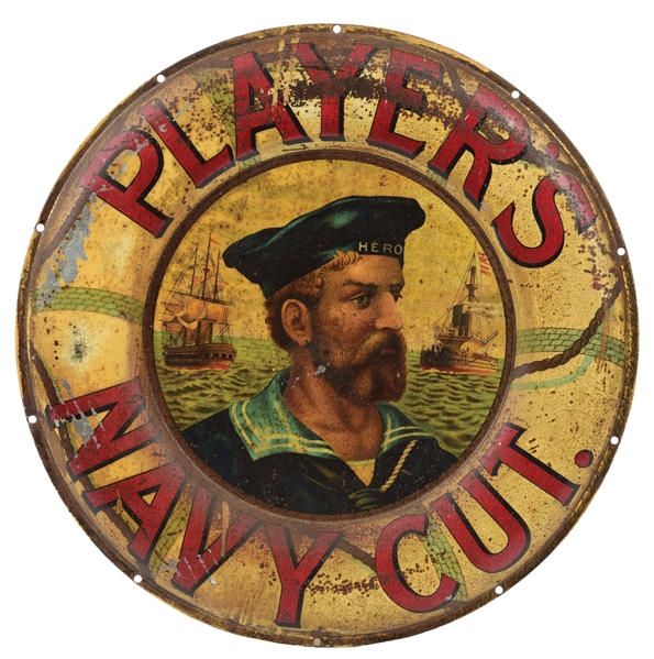 PLAYERS NAVY CUT TOBACCO TIN SIGN W/ SAILOR GRAPHIC.