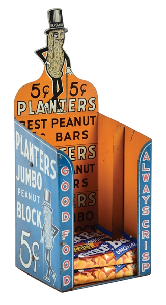 5¢ PLANTERS BEST PEANUT BARS TIN LITHOGRAPHED COUNTERTOP DISPLAY W/ 5¢ LOGO.
