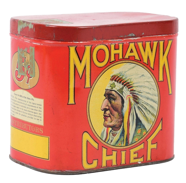 MOHAWK CHIEF TOBACCO TIN W/ OUTSTANDING NATIVE AMERICAN GRAPHIC & 5¢ LOGO.