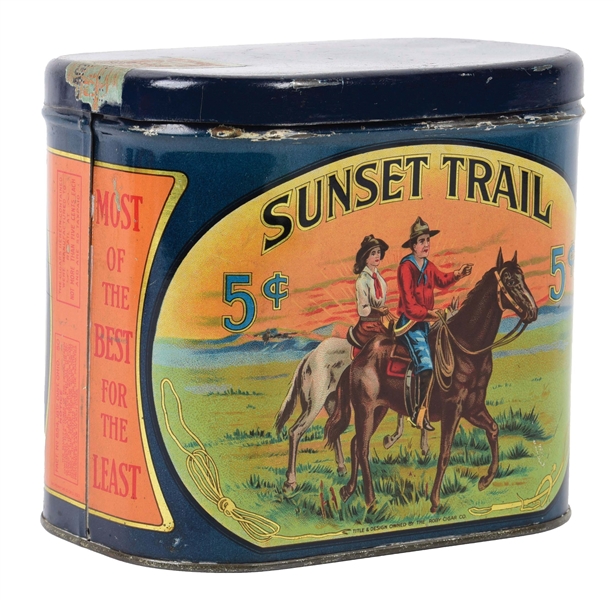 EARLY SUNSET TRAIL TOBACCO TIN W/ NATIVE AMERICAN GRAPHIC & 5¢ LOGOS.