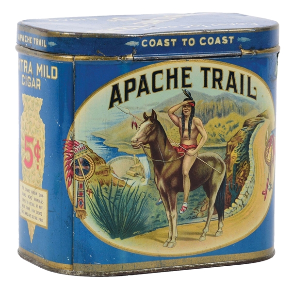 EXTREMELY RARE APACHE TRAILS TOBACCO TIN W/ NATIVE AMERICAN LITHOGRAPH.
