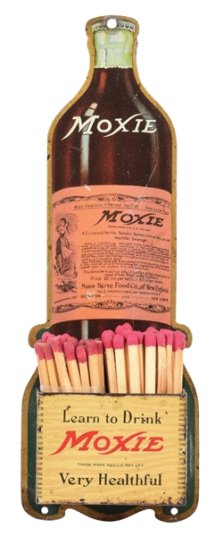 OUTSTANDING DIE-CUT TIN LITHOGRAPH MOXIE MATCH HOLDER W/ BOTTLE GRAPHIC.