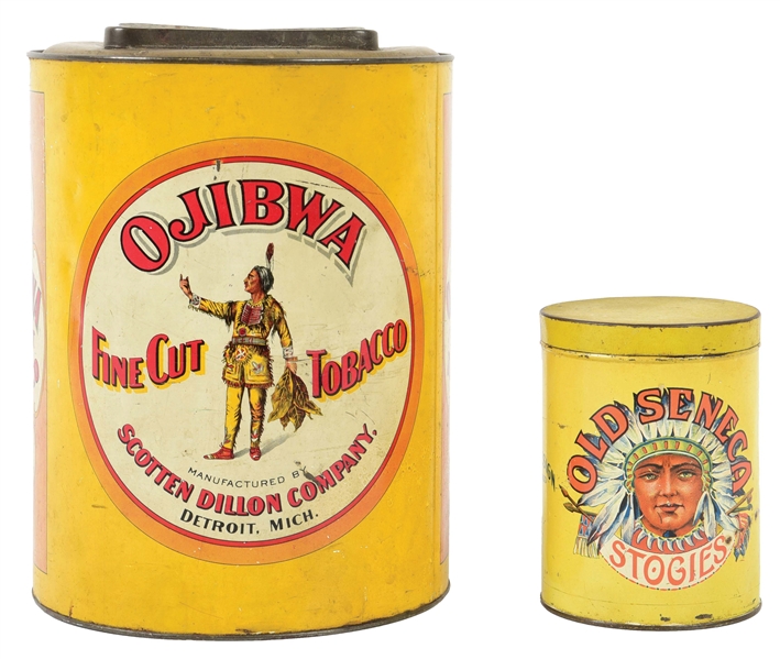 COLLECTION OF 2 EARLY TOBACCO TINS W/ NATIVE AMERICAN GRAPHICS.