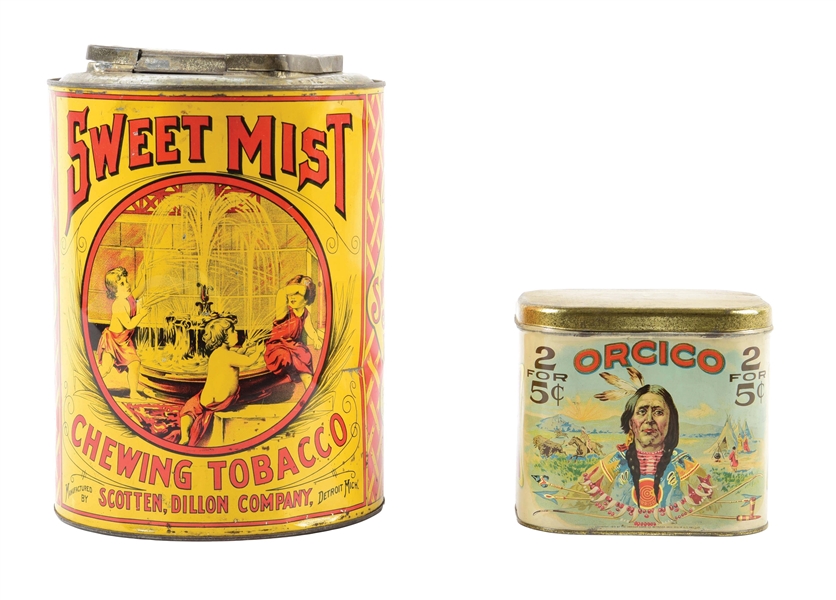 COLLECTION OF 2 EARLY TOBACCO TINS W/ CHILDREN & NATIVE AMERICAN GRAPHICS.