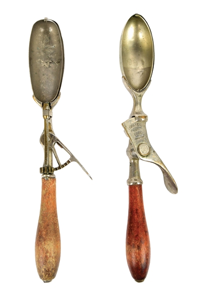 COLLECTION OF 2 EARLY 1900S ICE CREAM SCOOPS.
