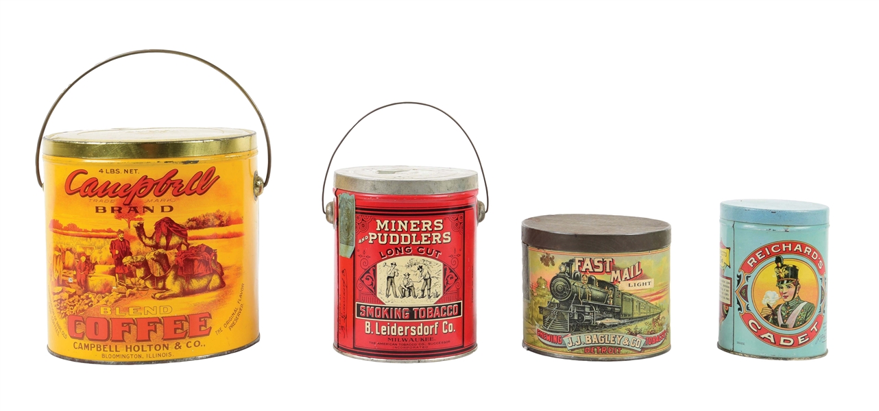 COLLECTION OF 4 VARIOUS ADVERTISING TIN CONTAINERS.