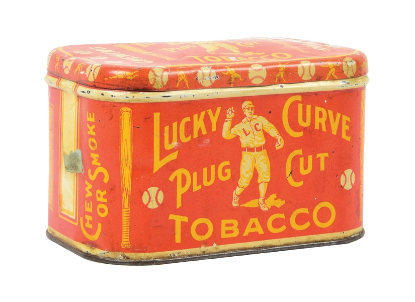 LUCKY CURVE CUT PLUG TOBACCO TIN W/ BALL PLAYER GRAPHIC.