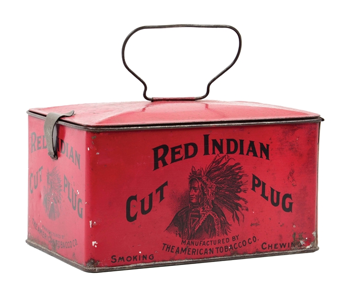 OUTSTANDING EARLY RED INDIAN CUT PLUG TOBACCO TIN W/ NATIVE AMERICAN GRAPHIC.