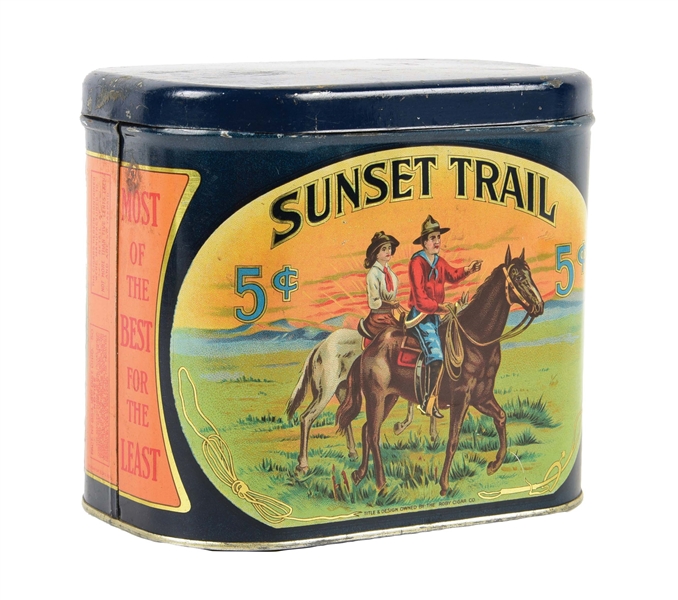 SUNSET TRAIL 5¢ CIGAR LITHOGRAPHED TIN W/ COWBOY GRAPHIC. 