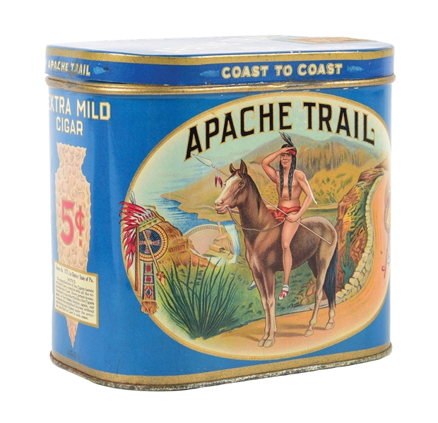 APACHE TRAIL 5¢ CIGARS CAN W/ NATIVE AMERICAN GRAPHIC.