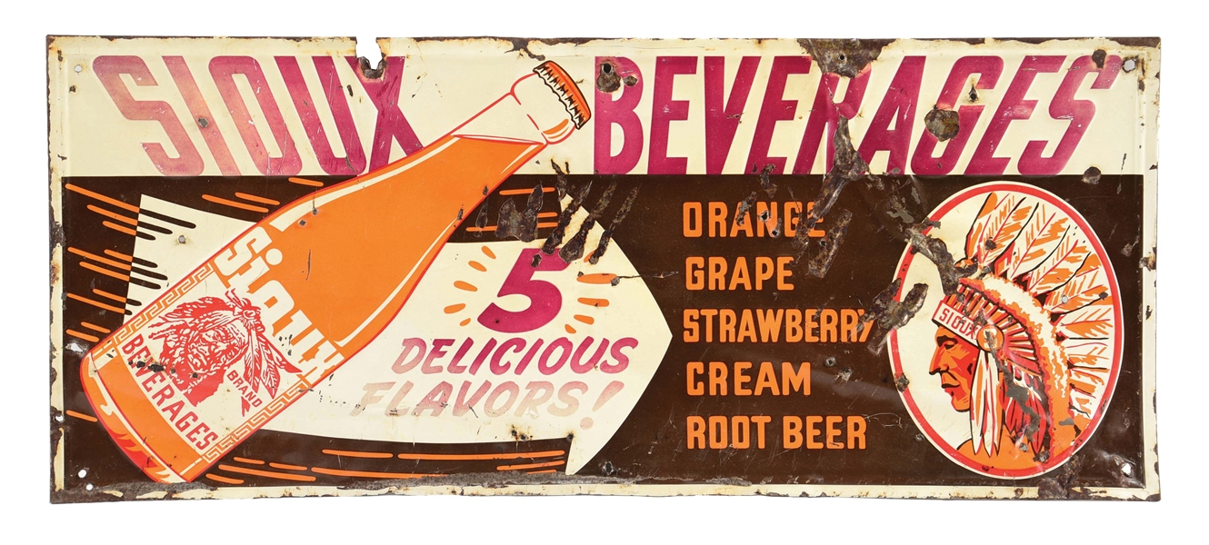 SIOUX BEVERAGES EMBOSSED TIN ADVERTISING SIGN W/ NATIVE AMERICAN GRAPHIC.