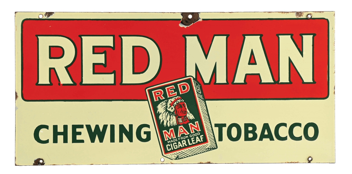 RED MAN CHEWING TOBACCO PORCELAIN SIGN W/ NATIVE AMERICAN GRAPHIC.