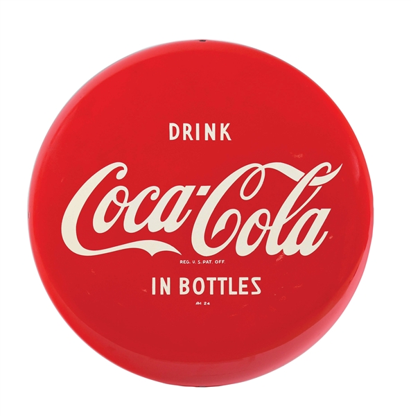 DRINK COCA-COLA IN BOTTLES 16" TIN BUTTON SIGN.